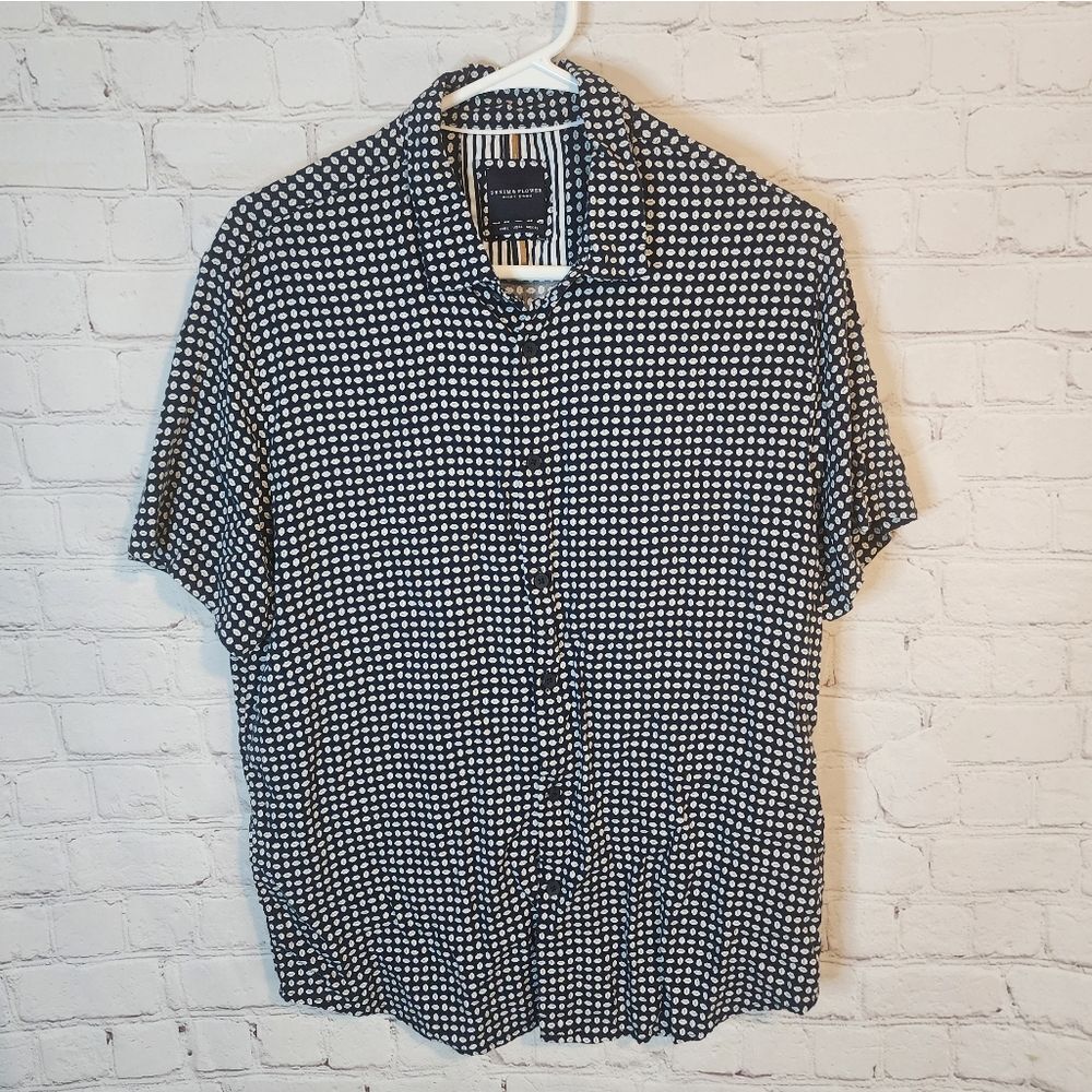 Men's Denim & Flower Black & White Patterned Button-Down Shirt, Size Large